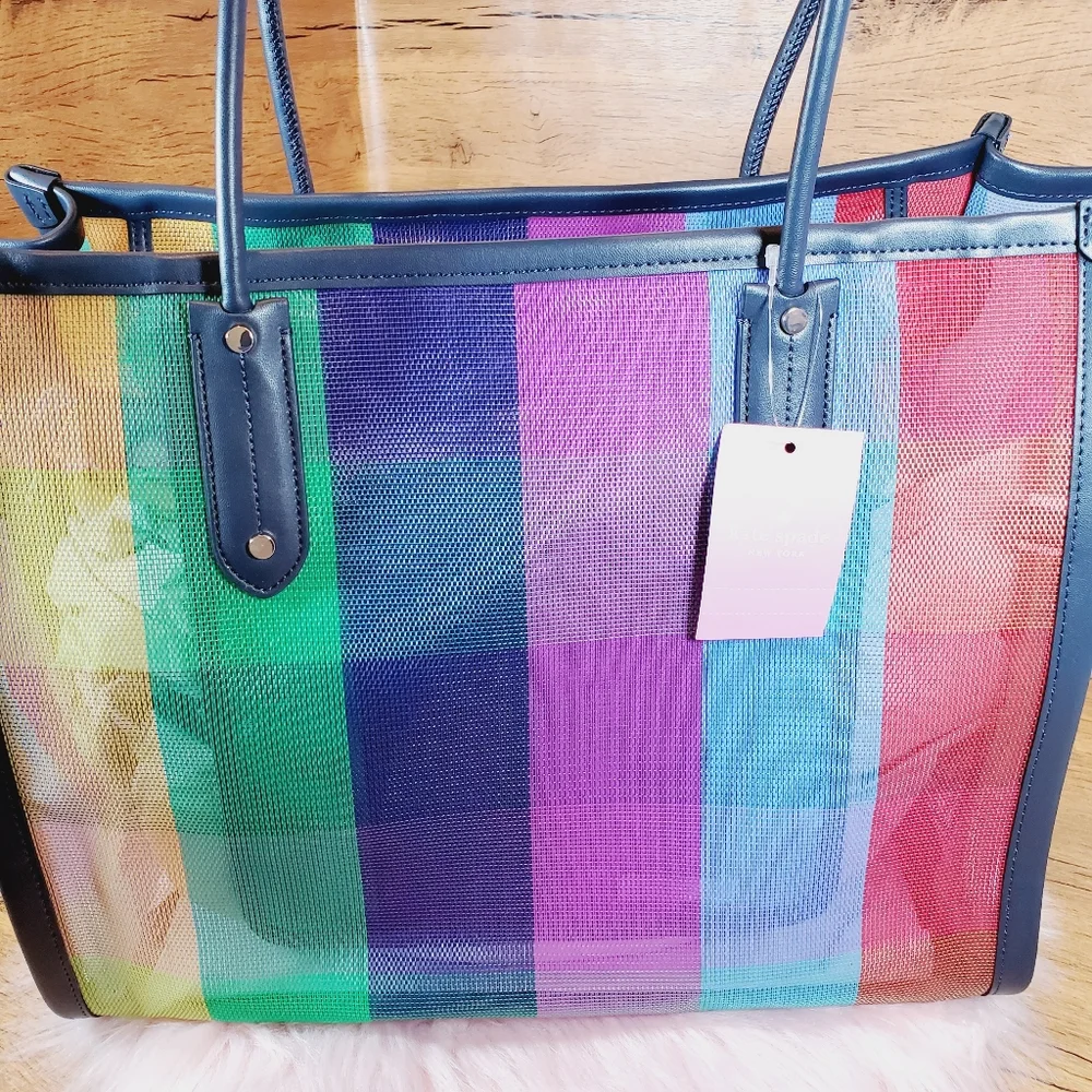 Kate spade xl pride collection tote multi color blue yellow green rainbow mesh